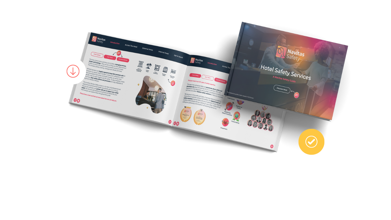 An image of our Interactive Hotel Safety Brochure, with a double page spread on show and the front cover.