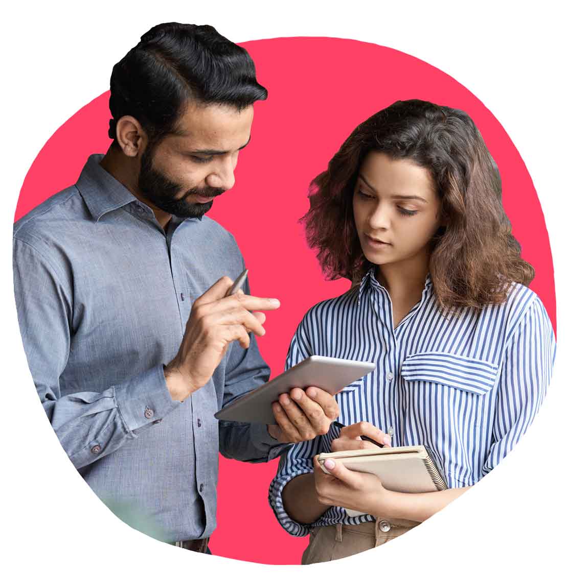 A man and woman talking to each other looking at a tablet