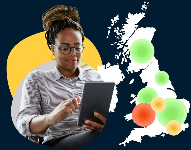 Woman on a tablet looking at heat mapped data of sites across the UK