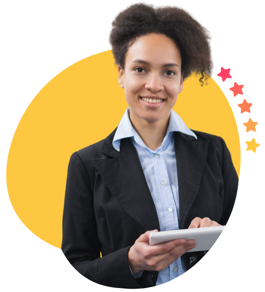 A manager smiling with a tablet in her hand, using our internal audit software