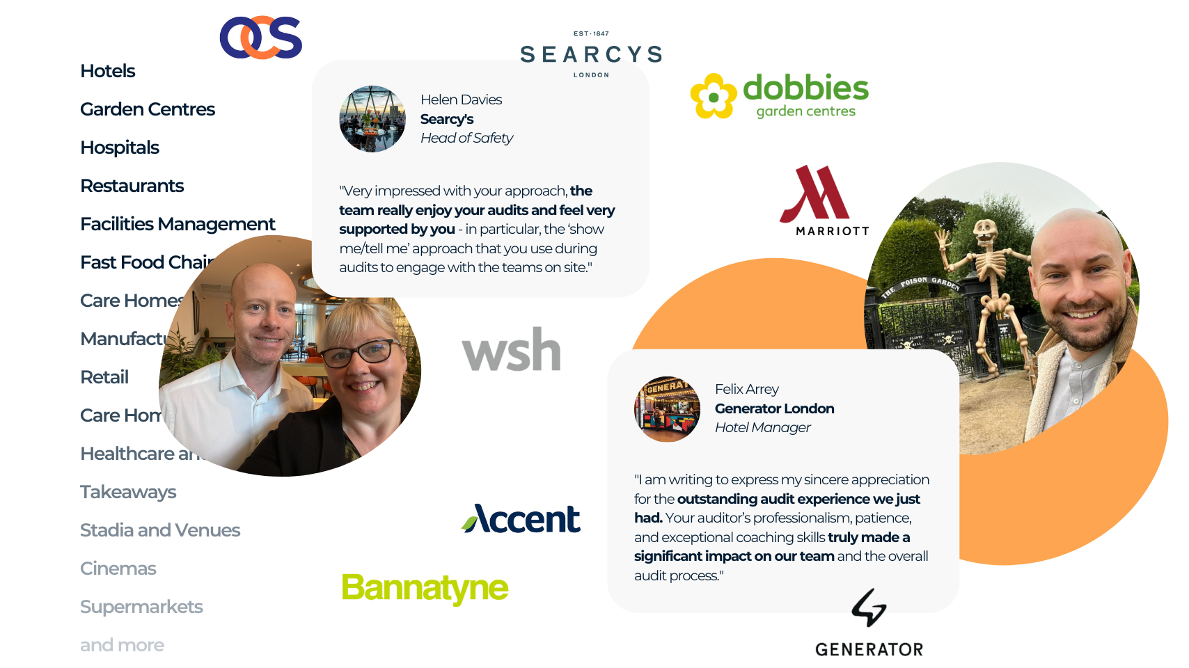 Quotes from our safety audit clients, with logos of the clients and pictures of our auditors