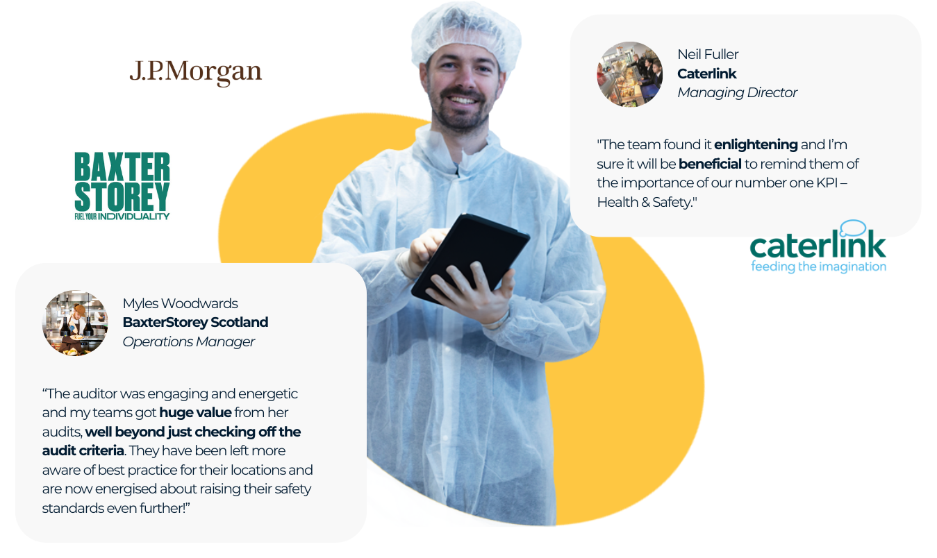 Quotes from our safety audit clients, with logos of the clients and pictures of our auditors